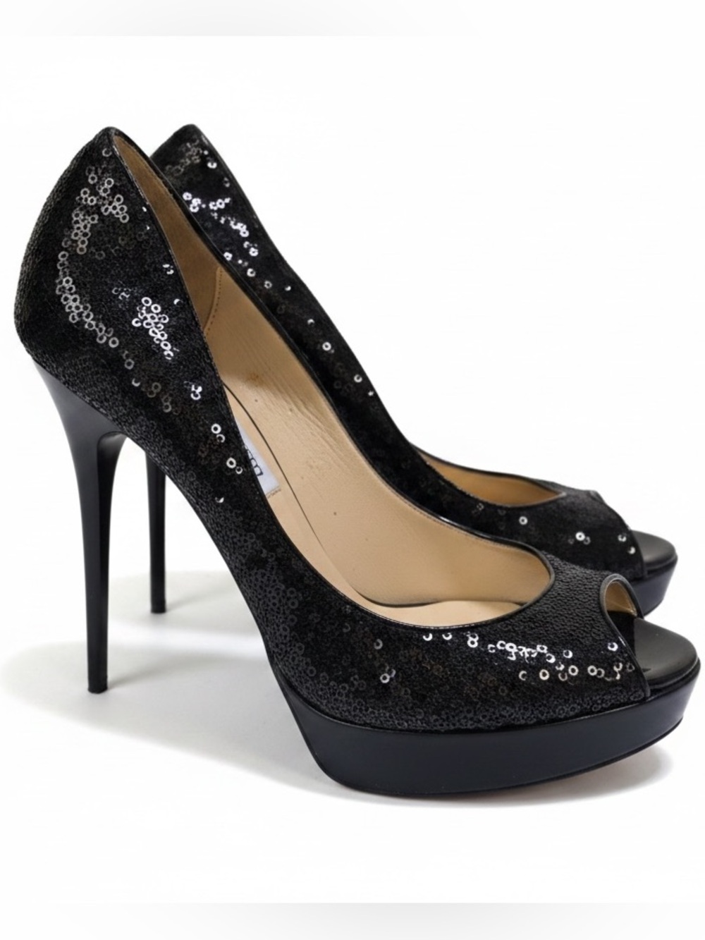 Jimmy Choo Crown Sequin Leather Patent 10 Shoe Peep Toe Platform Pump Heel Black